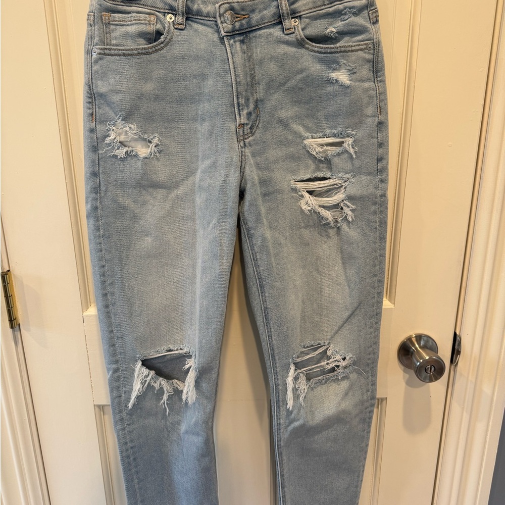 American Eagle Outfitters High Rise Light Blue Mom Distressed Jeans